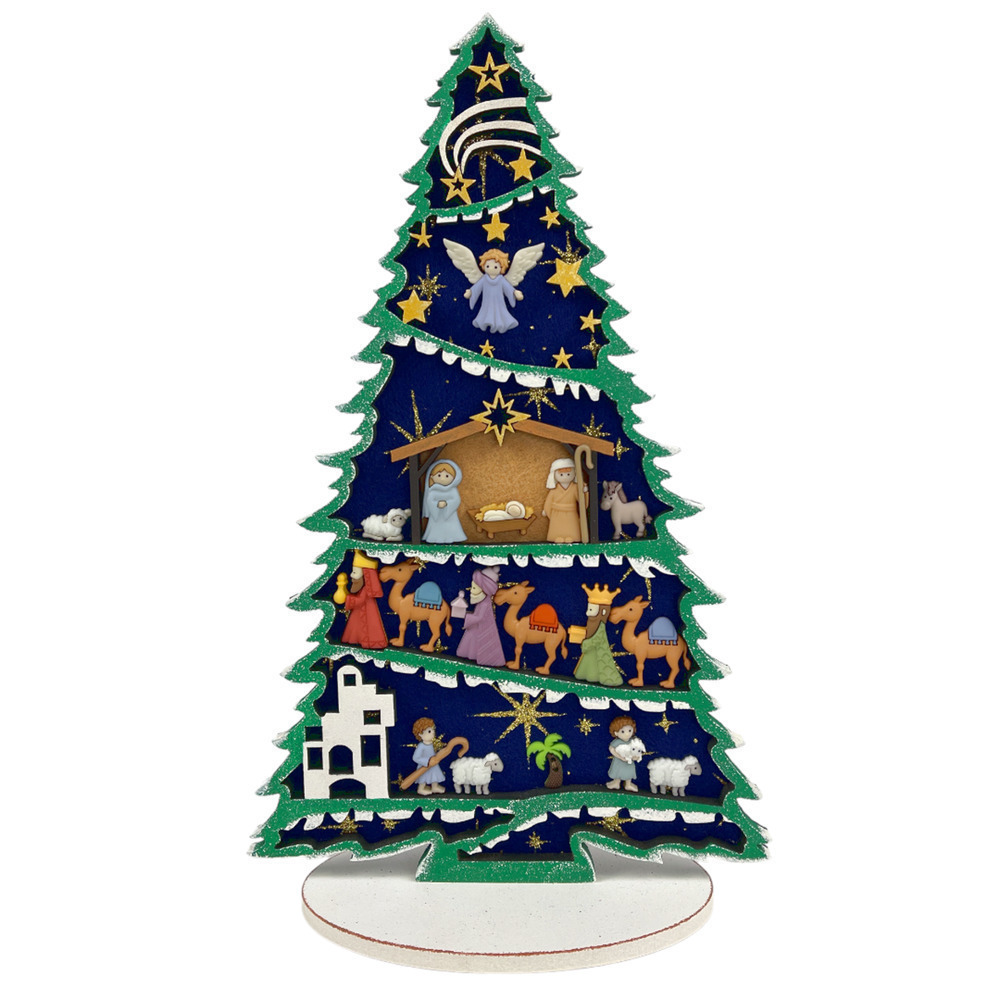 Wooden Nativity Tree Holiday Tabletop Decor in Green and Blue